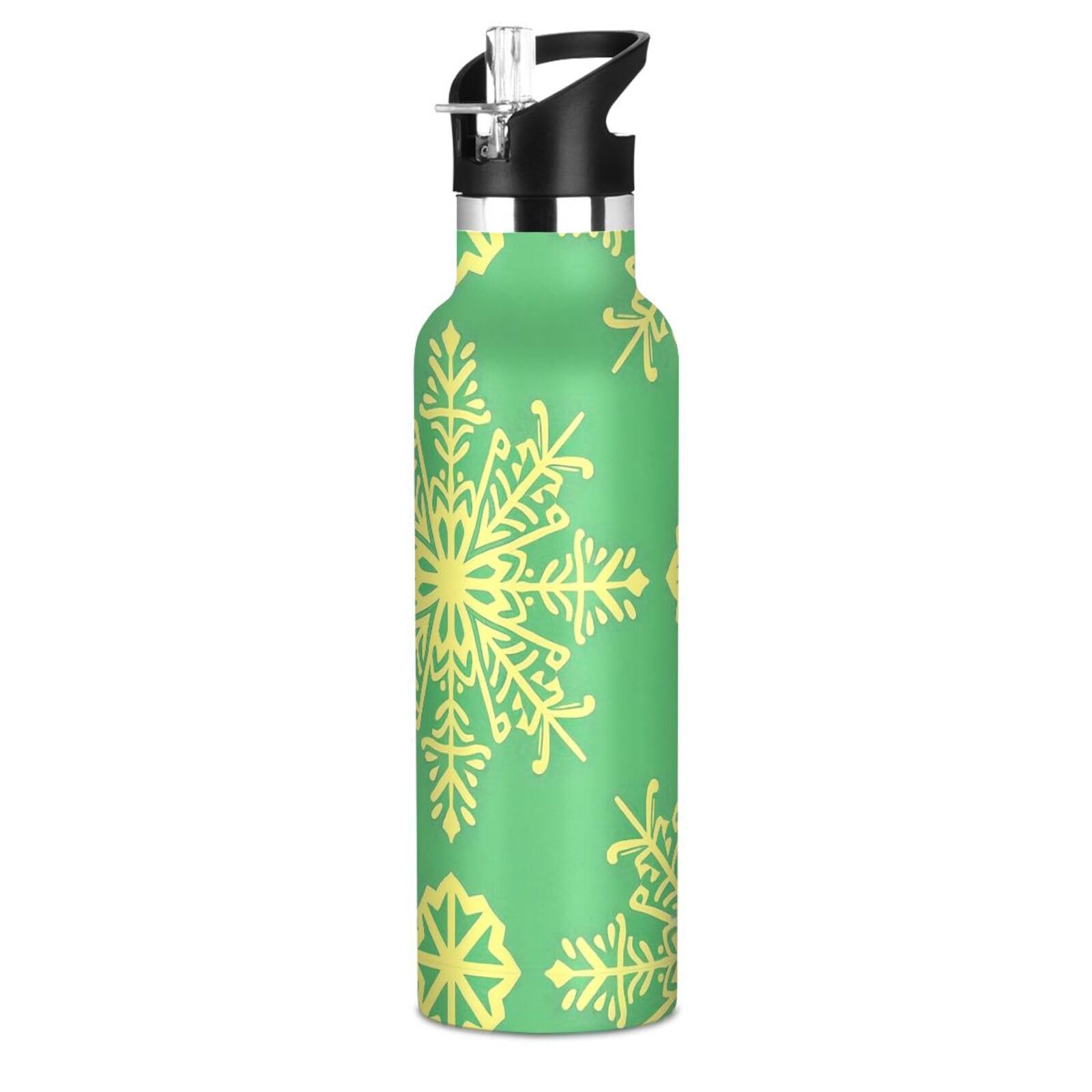 Trendy Snowflake Yellow Green Leakproof and BPA Free Kids Water Bottle with Straw Vacuum Insulated for School Boys