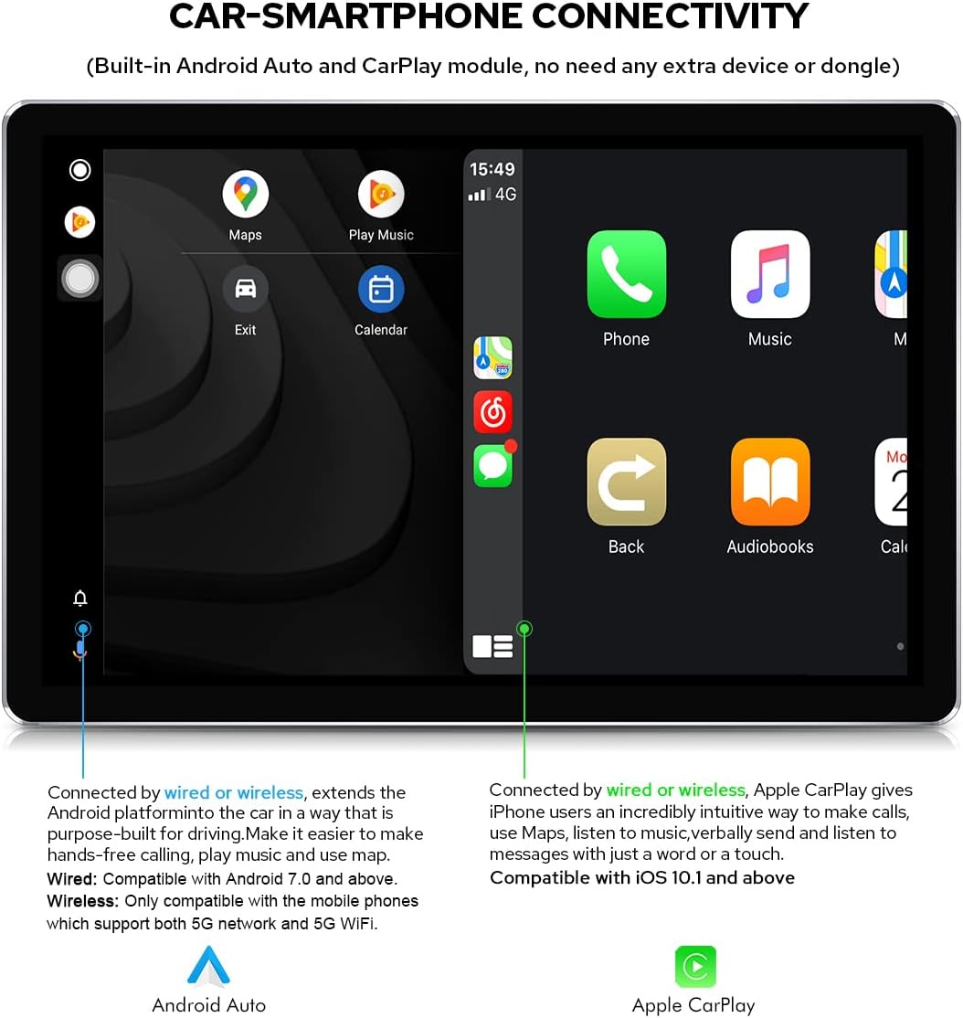 Image of the JOYING car stereo's main Android interface showing icons for Maps, Music Player, Navi, Play Store, Radio, Setting, Steer, Touch-Assistant, Video Player, and Voice Search.
