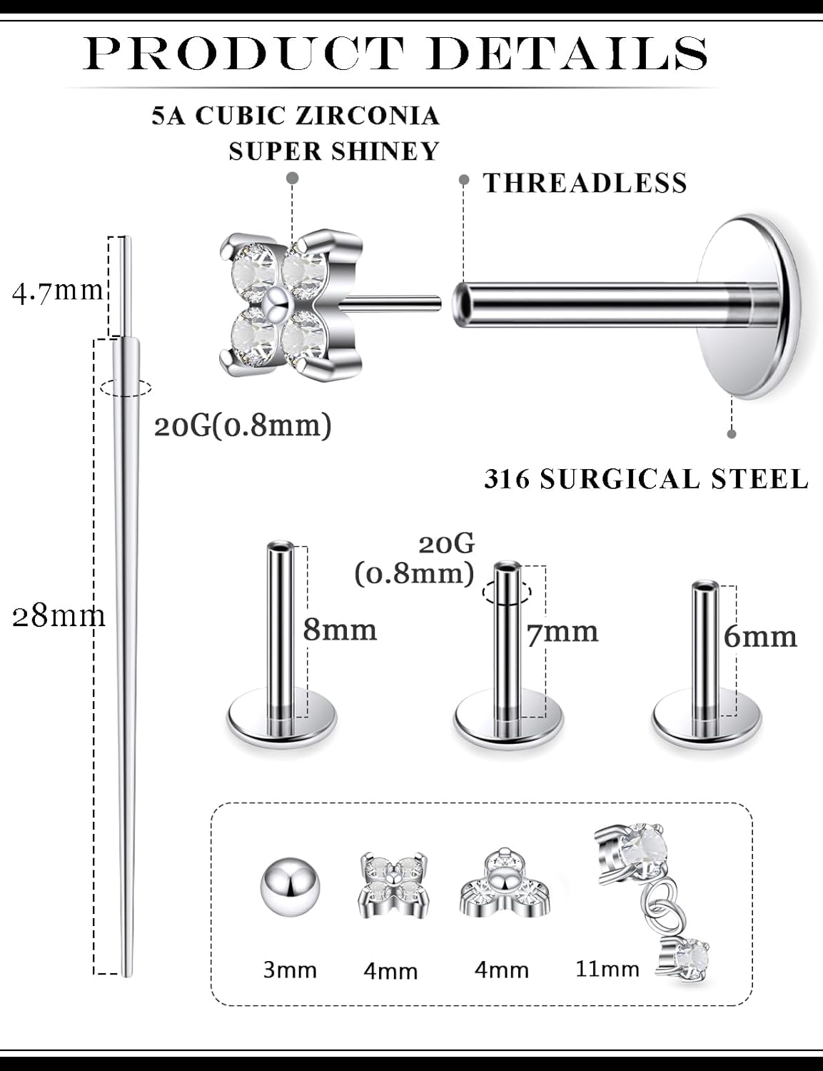 20G 18G 16G Threadless Flat Back Earrings Nose Studs 316L Surgical Steel Tragus Forward Helix Conch Cartilage Lobe Earrings Stud Medusa Labret Monroe Lip Ring Piercing Jewelry For Women Men - Image 2