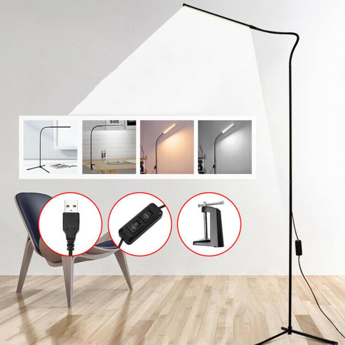 ULTECHNOVO Lampada da Terra LED a Collo di Cigno, Lampada da Lettura Dimmerabile con Clip, Alluminio e Ferro, Nera, Luce Antiriflesso senza Sfarfallio, per Comodino e Lettura