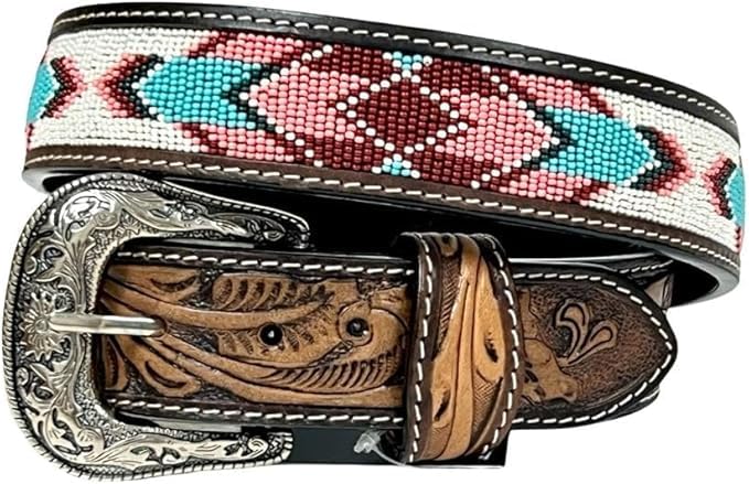 Leather Handmade Beaded Men's Belt Quality Thick Durable Wax Colorful Designs Cowboy Western Style Alloy Classic Fitted Casual Formal Wear in Pant Trouser Jeans Size: W-37-40/L-47in.