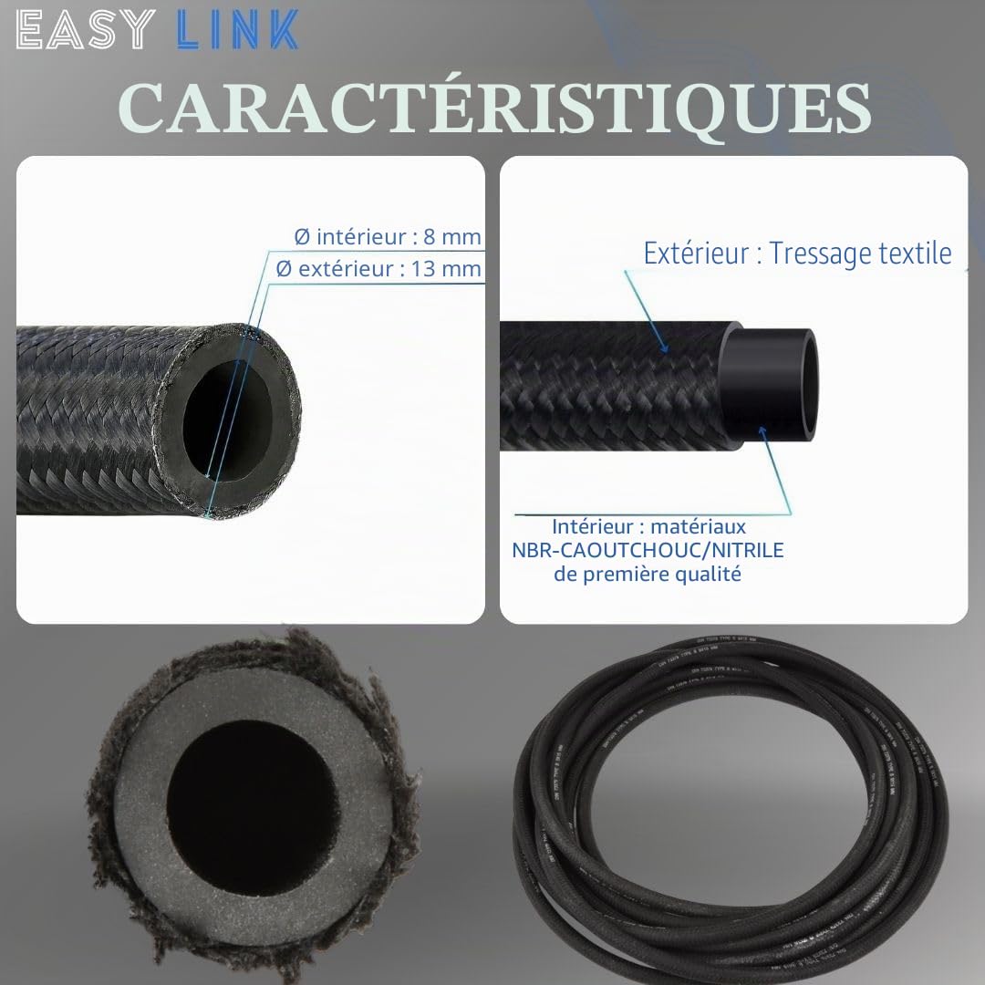 Tuyau de carburant 8 mm 5 m - Caoutchouc nitrile synthétique lisse - Tressage textile flexible - Noir - 1 unité