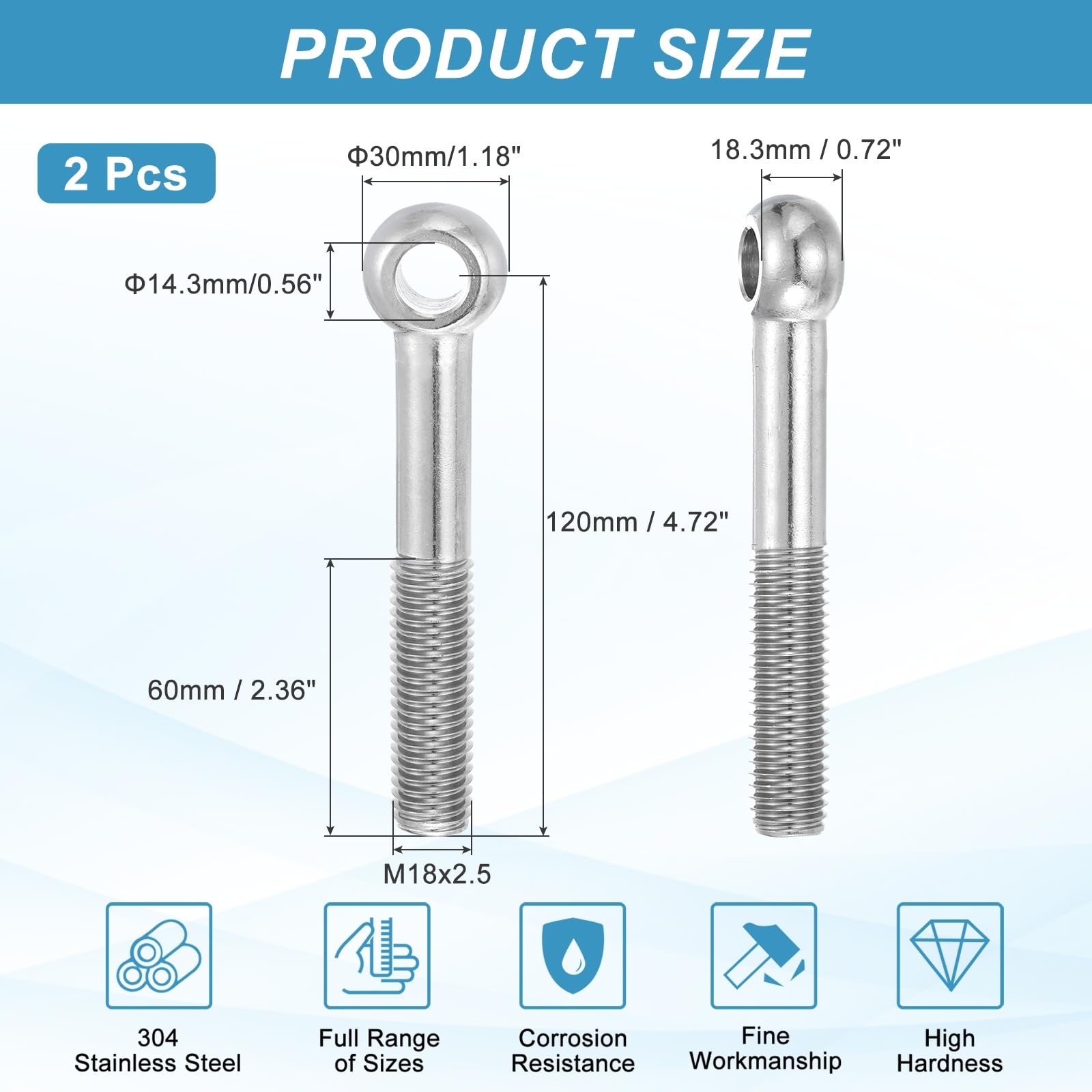 PATIKIL 2 Pcs M18x120mm Shoulder Swing Lifting Eye Bolt - Image 2