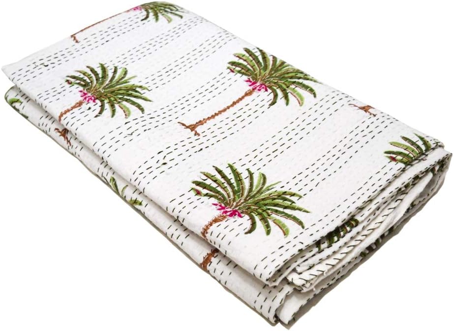 Indian Palm Tree Cotton Kantha Quilt Bohemian Handmade Reversible Bedding Bedspread Throw Bed Cover Hippie Twin White Cotton Kantha Quilt Throw Gudari, Twin, 90x60 Inch