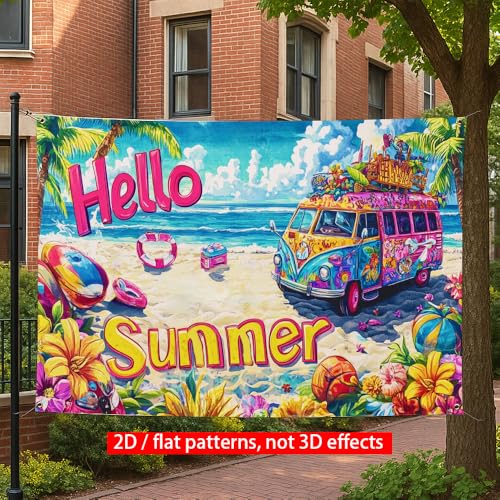 Image of 71x43 Inch Hello Summer Banner Retro Camper Van Beach Backdrop Floral Tropical Yard Decorations Seasonal Outdoor Decor Fence Sign