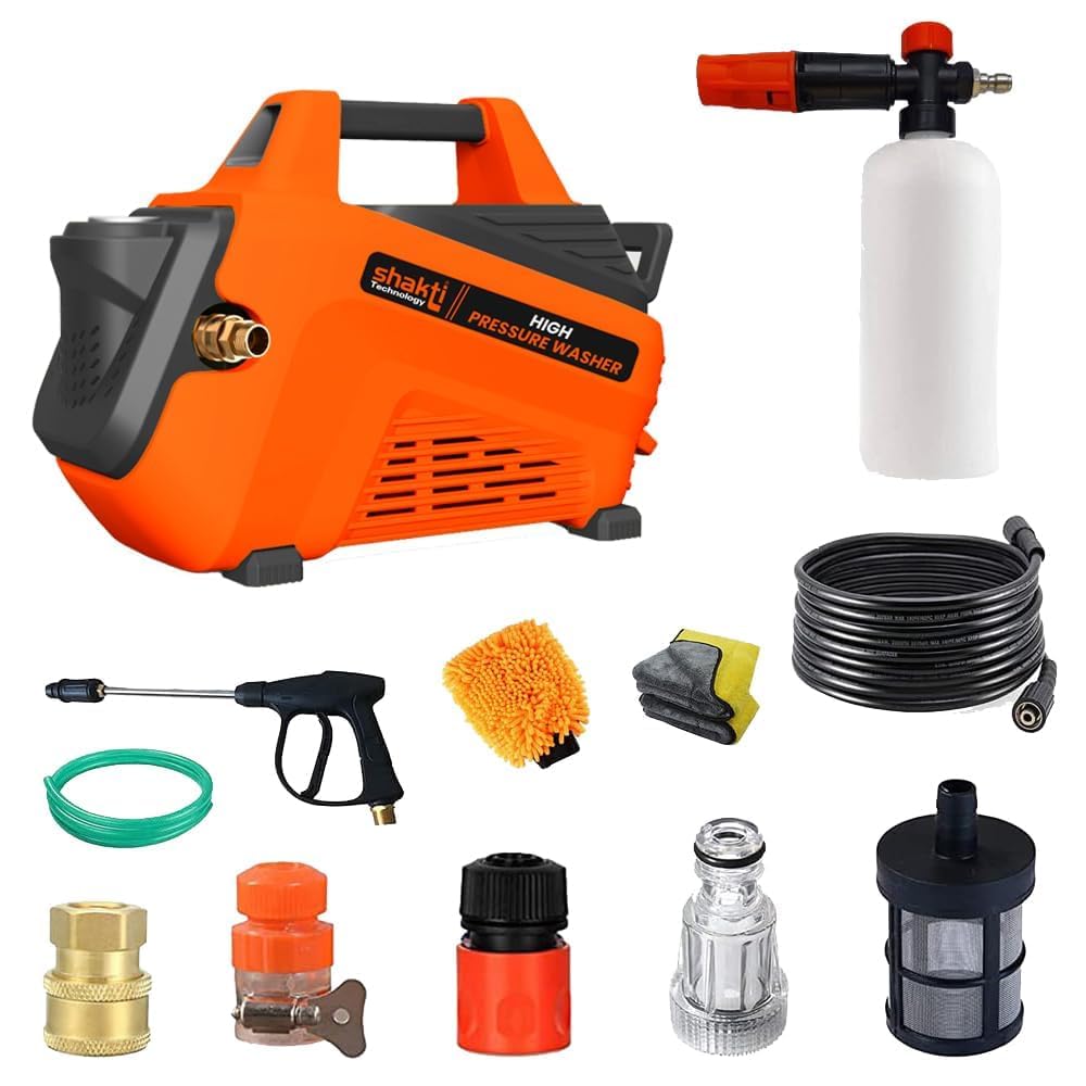 shakti technology s7 pro high pressure car washer machine with copper winding 2100 watts and pressure 130 bar with 10 meter hose pipe (all in one combo) orange