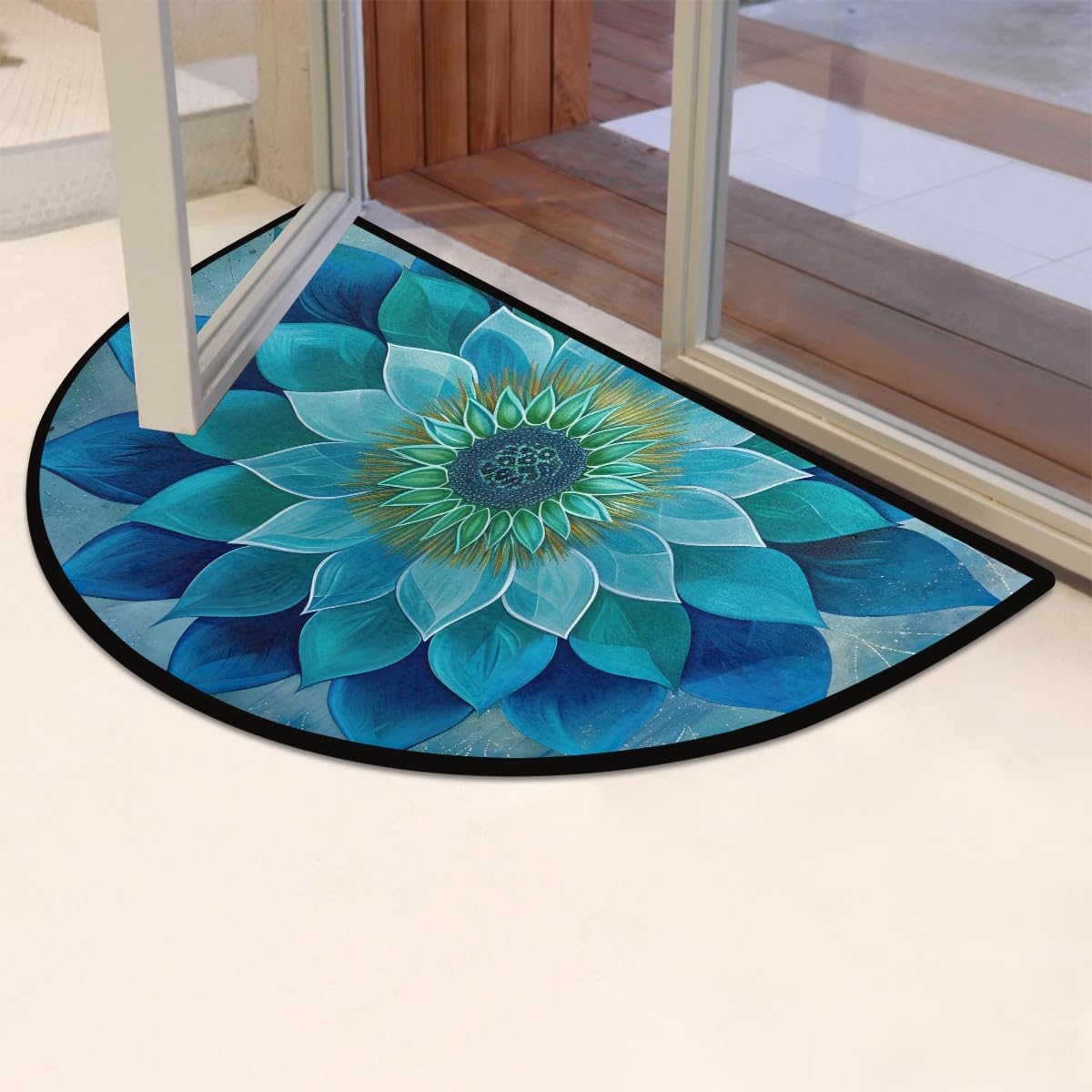 Teal Mandala Half Moon Rug Mandala Teal Ethnic Half Round Door Mat Washable Half Circle Area Rugs Indoor Entrance Non Slip Semi Circle Bathroom Rugs Floor Carpet for Kithen Bedroom Fireplace Decor