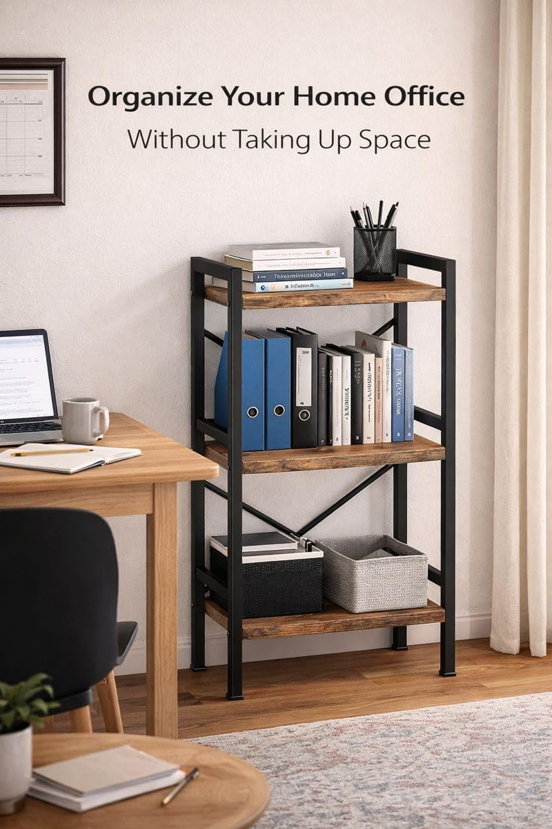 Small Bookshelf for Small Spaces, 3-Tier Industrial Bookcase with Metal Frame and Wood Shelves, Narrow Storage Shelf for Living Room, Bedroom, Apartment