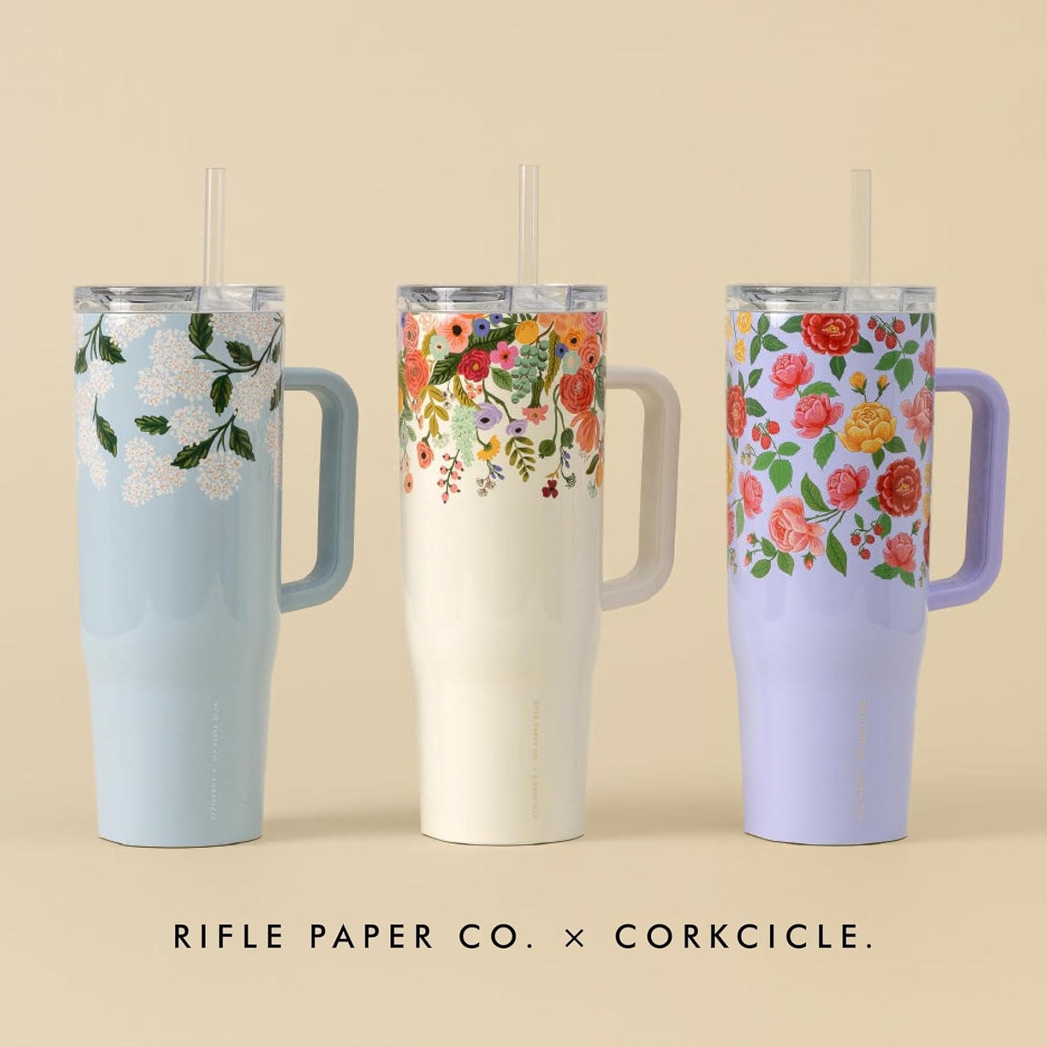 Corkcicle x Rifle Paper Co. Cruiser Insulated Tumbler with Handle & Straw - Keeps Drinks Cold 20 Hours - BPA-Free - 40 oz - Gift for Mom - Great for Mother's Day or Christmas - Gloss Blue Hydrangea