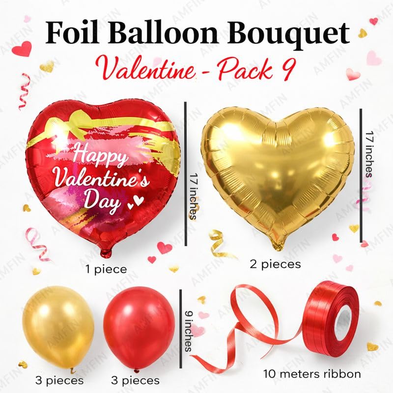 Image of AMFIN (Pack of 9) Happy Valentine's Day Balloon Decoration Set | Romantic Heart Foil Bouquet Metallic Helium Bunch Proposal Anniversary Celebration Party Decor - Red Gold
