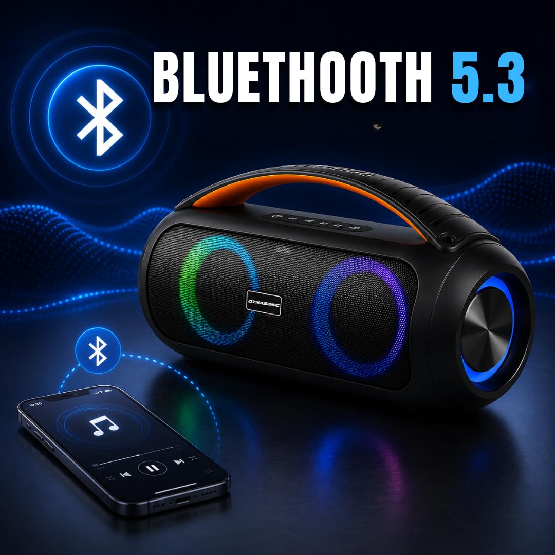 DYNASONIC D93 - Enceinte Bluetooth Portable IPX5 Hautparleur Waterproof. Enceinte d'extérieur sans Fil. Stéréo sans Fil. Lecteur de Son Puissant avec lumières LED intégrées. Micro-SD, USB.