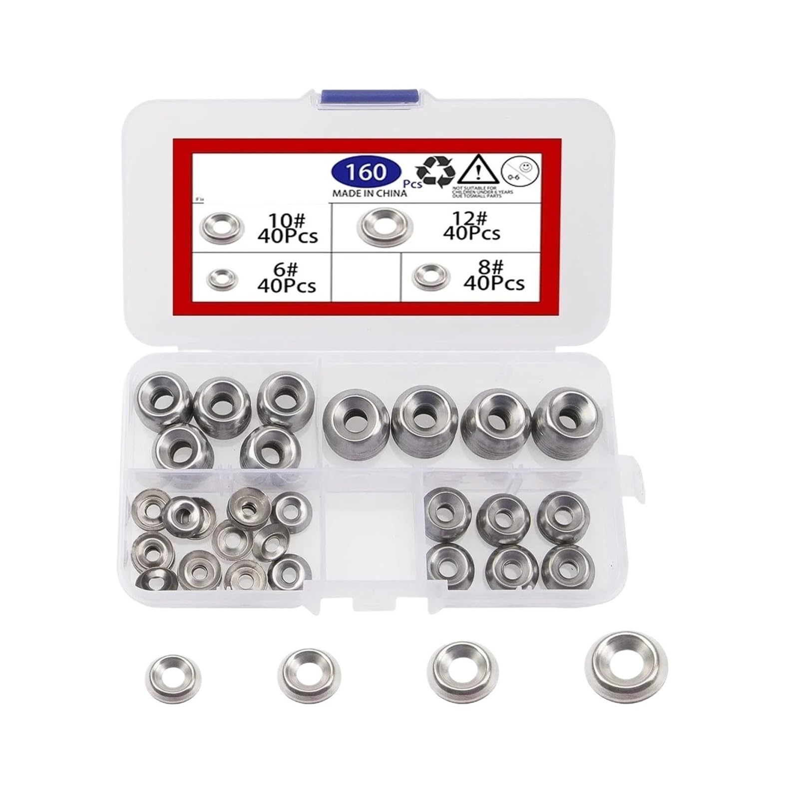 Kit Surtido de Arandelas avellanadas Acero Inoxidable 304, 160 Uds., M6, M8, M10, M12