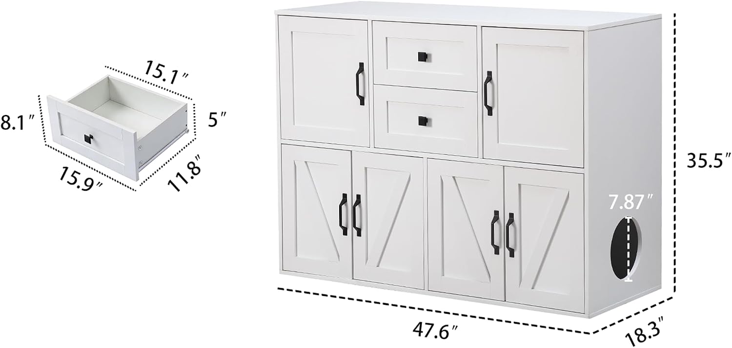 Forest Gravity Large Dog-Proof Double Cat Litter Box Enclosure with Storage for 2 Cats,Cat Washroom Cabinet with 2 Drawers,47.6'' Modern Dual Litter Box Furniture Cabinet with Compartments,White