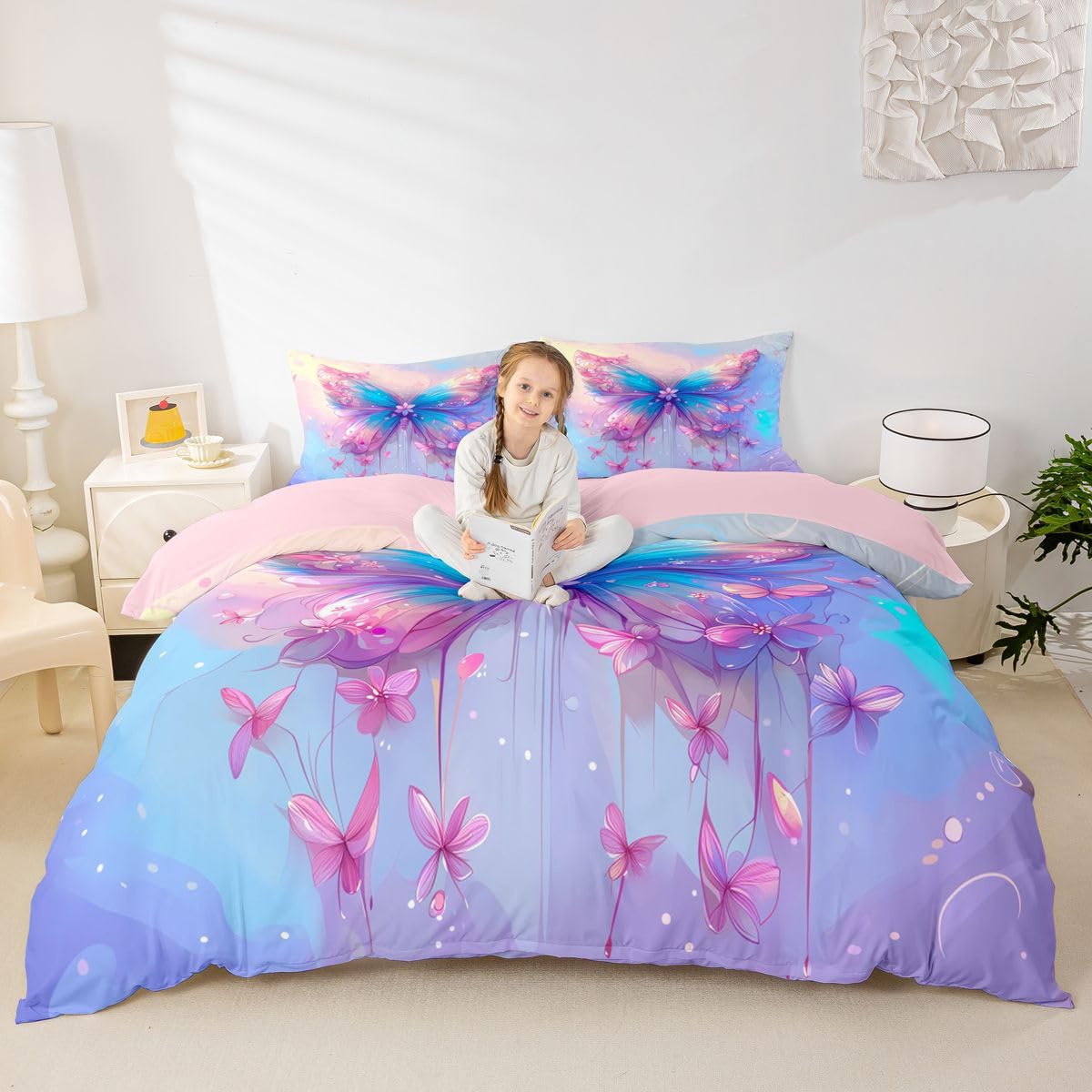Homewish Ombre Zestawy Pościeli King Size Motyl Poszwa Na Kołdrę Różowy Niebieski Gradient Płatki Akwarela Kołdra Poszewka Kwiatowa Dziewczęca Marzycielski Zestaw