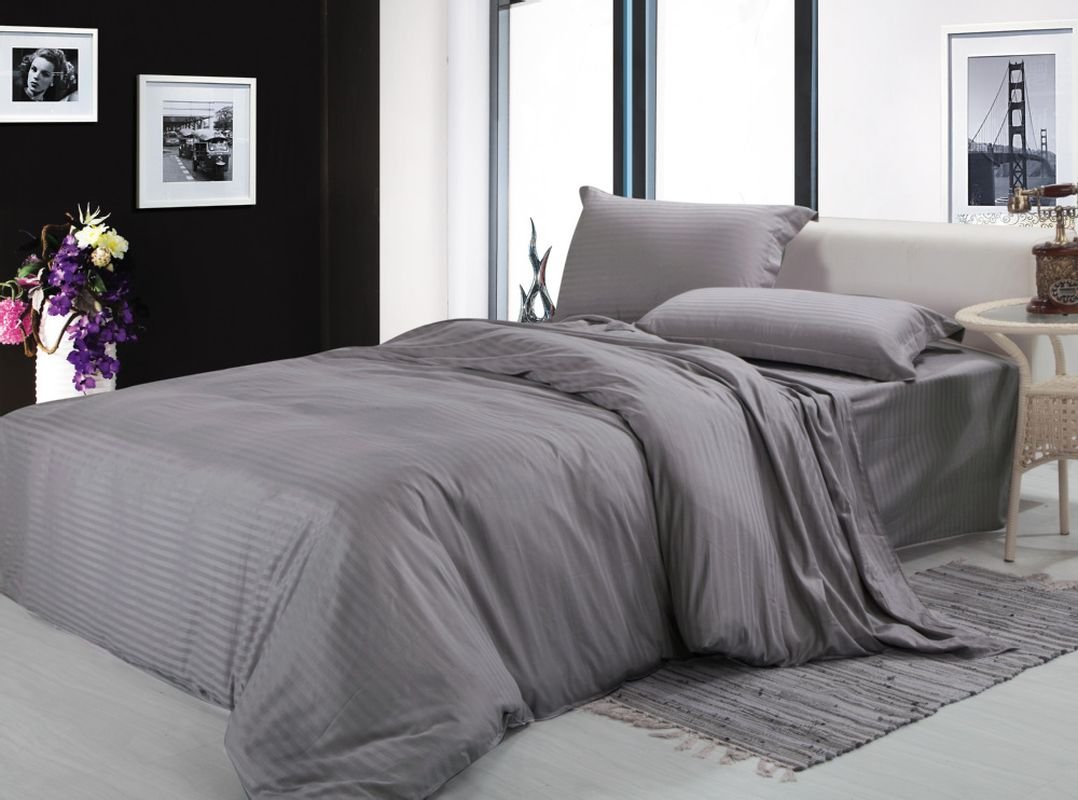 Set of 2 Single Size Bedsheet with 2 Pillow Covers - 54 x 90 inch, 300 TC 100% Cotton Satin Plain Premium Platinum Superior Elegant Solid Stripes Pure Cotton, Bedsheet for Home, Regular Use, Hotel Use-Grey-picture-29