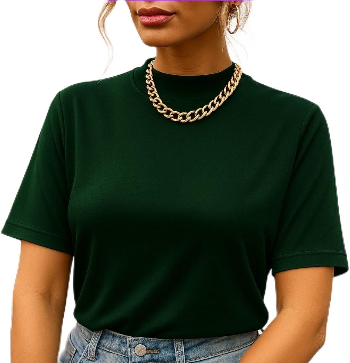 T-shirt Camiseta Básica Feminina Gola Alta, 100% Algodão, Manga Oversized