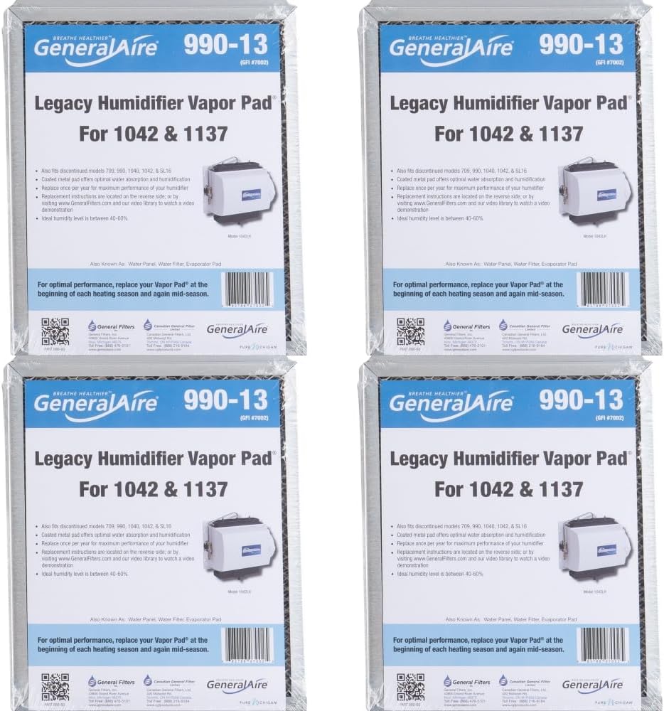 4-PK -GeneralAire 990-13 Humidifier Water Vapor Pad- GFI #7002 Compatible with GeneralAire 709, 990, 1040, 1137, 1042LH, and SL16 Humidifiers