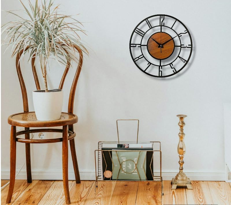 Image of Wall Clock Stylish Metal Analog Wall Clock for Living Room, Bedroom, Office, Kitchen, Home and Hall | Antique Fancy Big Size Modern Wall Watch (Black St-1 Wooden, 60 CM)