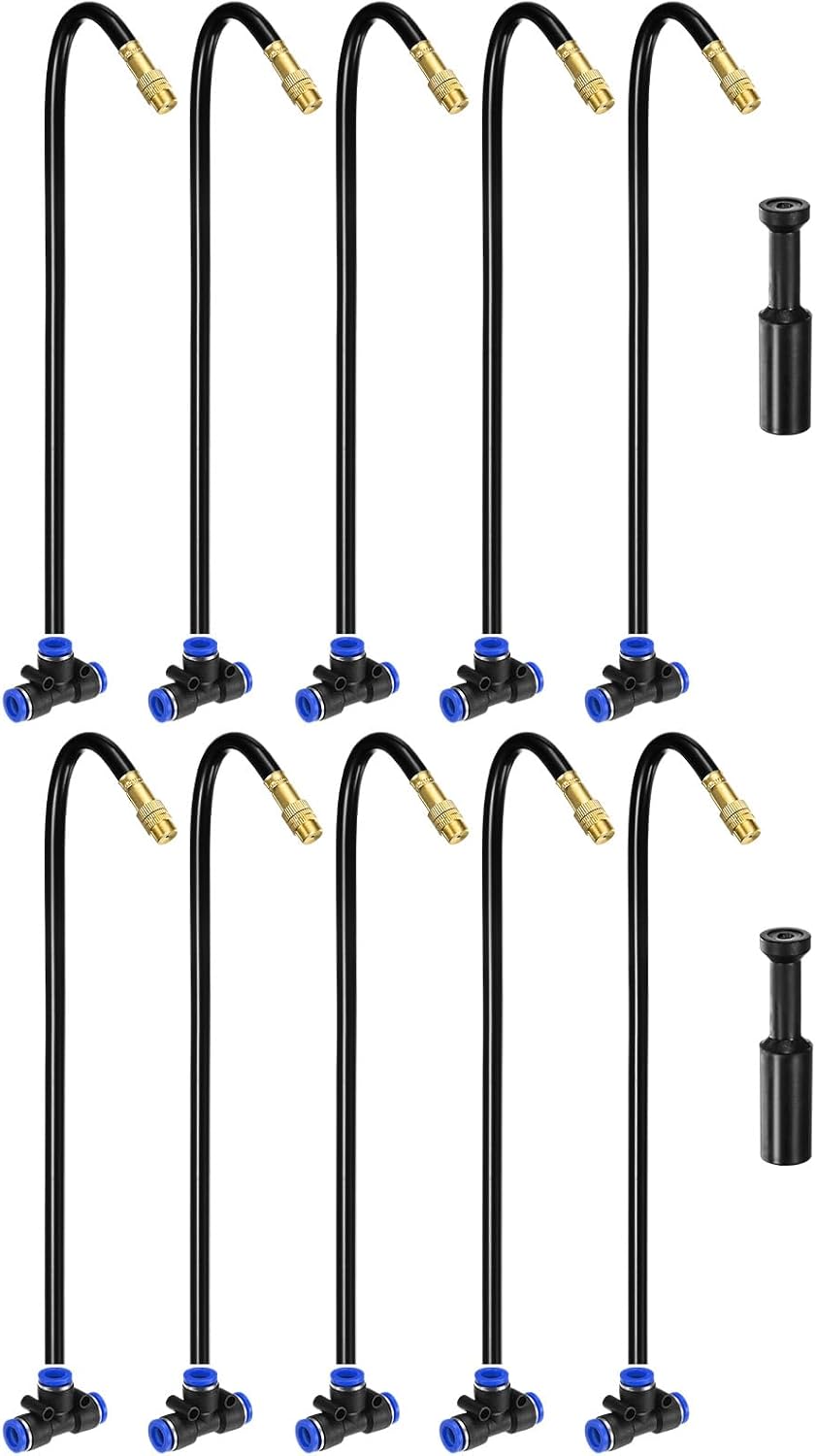 M METERXITY 1-Set Brass Misting Nozzles Tees, 12inch/30cm Tube Len 3-in-1(Dripping, Spraying, Shutoff) Adjustable Copper Water Mister Sprayer for 0.31"/8mm Tubing Irrigation [Gold Tone/Black]