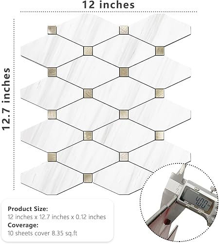 Miniatura 6 de STICKGOO 1 hoja de protector contra salpicaduras para despegar y pegar, aspecto de mármol blanco, PVC, mezcla de metal dorado, protector contra