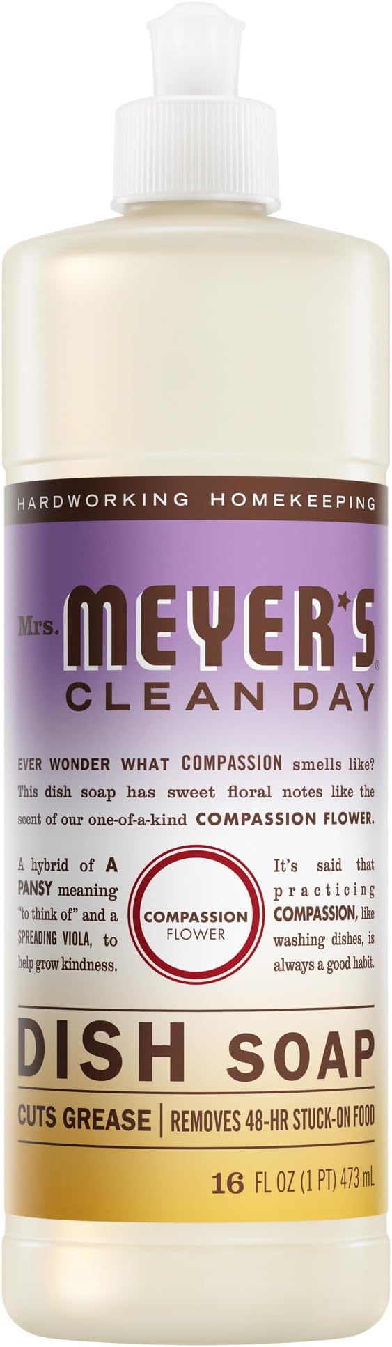 MRS. MEYER'S CLEAN DAY Liquid Dish Soap, Compassion Flower Scent, 16 Fl Oz Bottle