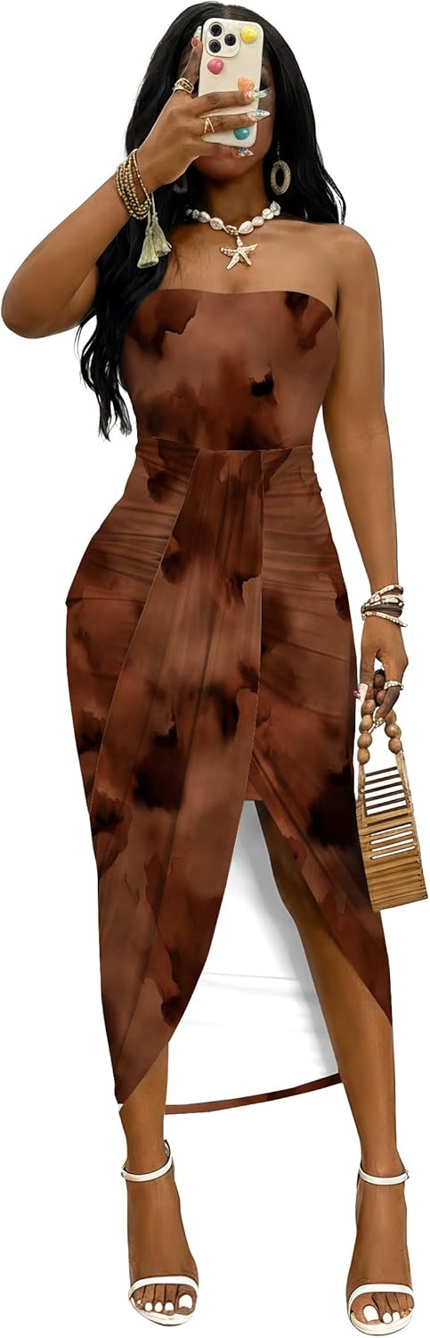 Umenlele Women's Strapless Ruched High Waist Wrap Split Asymmetrical Beach Maxi Long Dress - Image 3