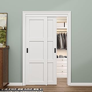 Sliding Closet Door for 48”x80 Opening, 3 Panel Shaker Closet Doors Panel with Hardware Kit, Sliding Panels Interior Wood Door Assemble Required, Primed