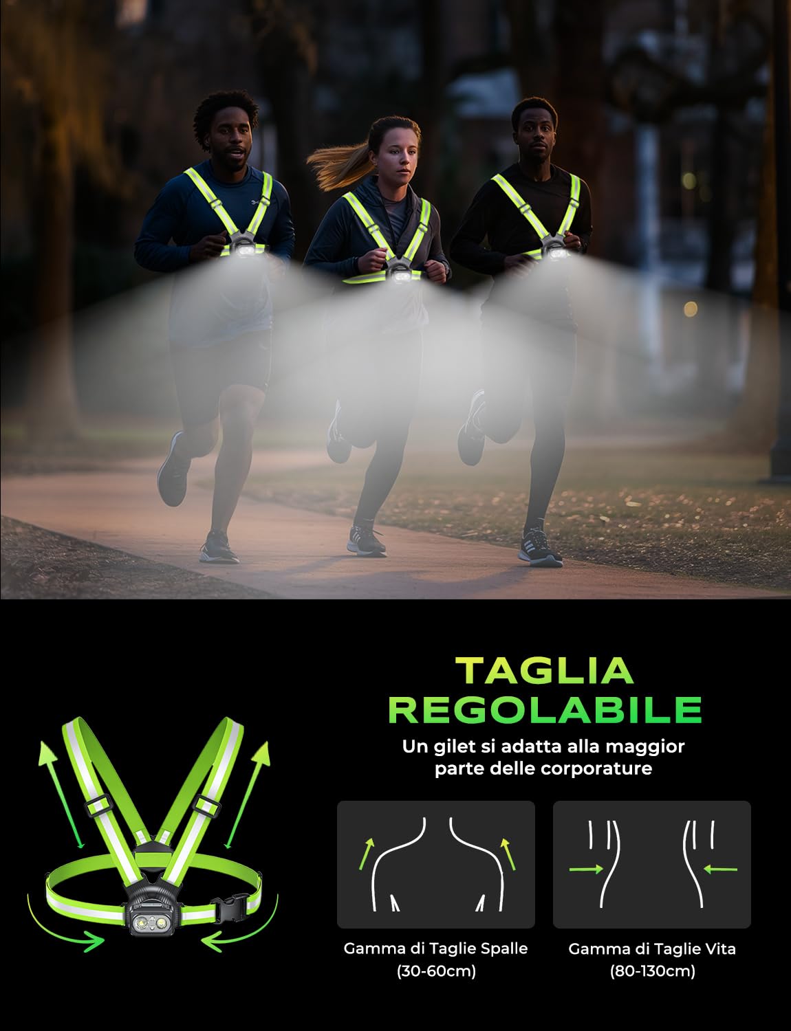 Luce Running con 360° Strisce Riflettenti 500 Lumen, 7 modalità Running Pettorale 45° Regolabile, IPX4 Impermeabile, Autonomia 3.5-20H Luce per Corsa Notturna per Corsa/Jogging