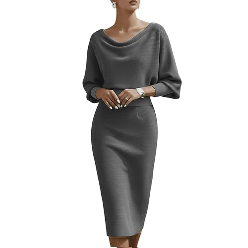 Womens Cowl Neck Pencil Dress, Elegant Batwing Sleeve Midi Dress
