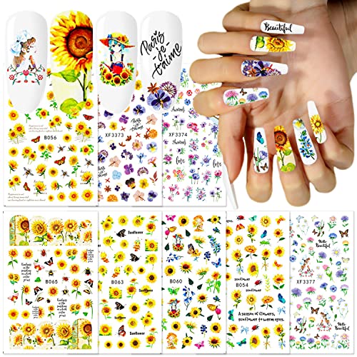8 Sheets Sunflowers Nail Art Stickers Blooming Flowers Nail Designs Stickers for Acrylic Nails Accessories Butterfly Nail Decals for Women Girls Kids Spring Summer Flowers Designer Nail Stickers