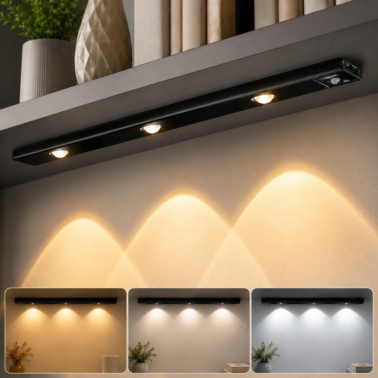 One94Store 40CM Rechargeable Motion Sensor LED Light – Wireless Under Cabinet Light with 3 Color Modes, 1200mAh Battery, Dimmable Stick-On Lamp for Kitchen, Wardrobe & Bedroom (Black)-image-24