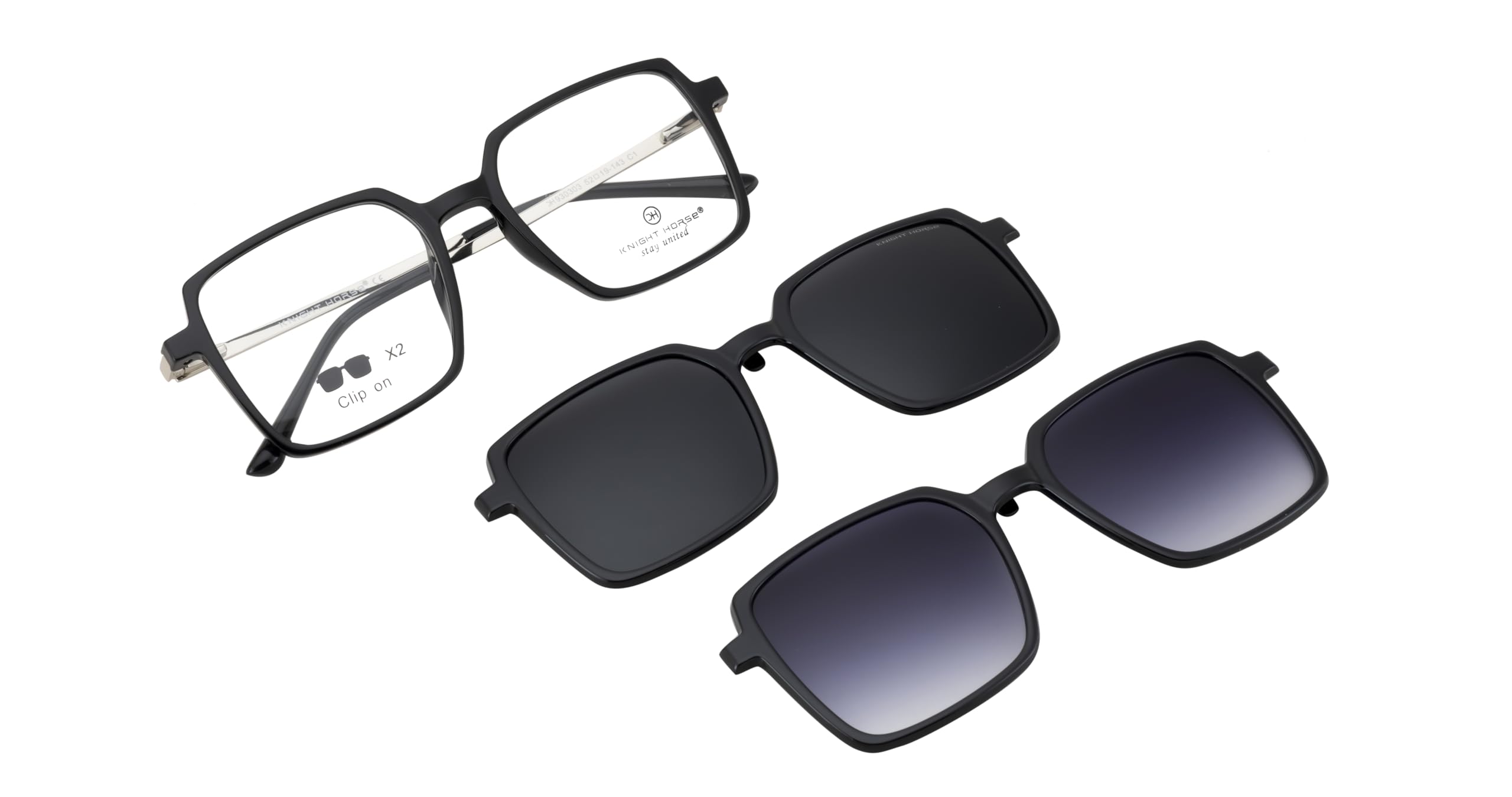 Knight HorseClip-On Sunglasses: Glossy Black Square Frame, Polarized & Double Color Clip-Ons |930303C1|