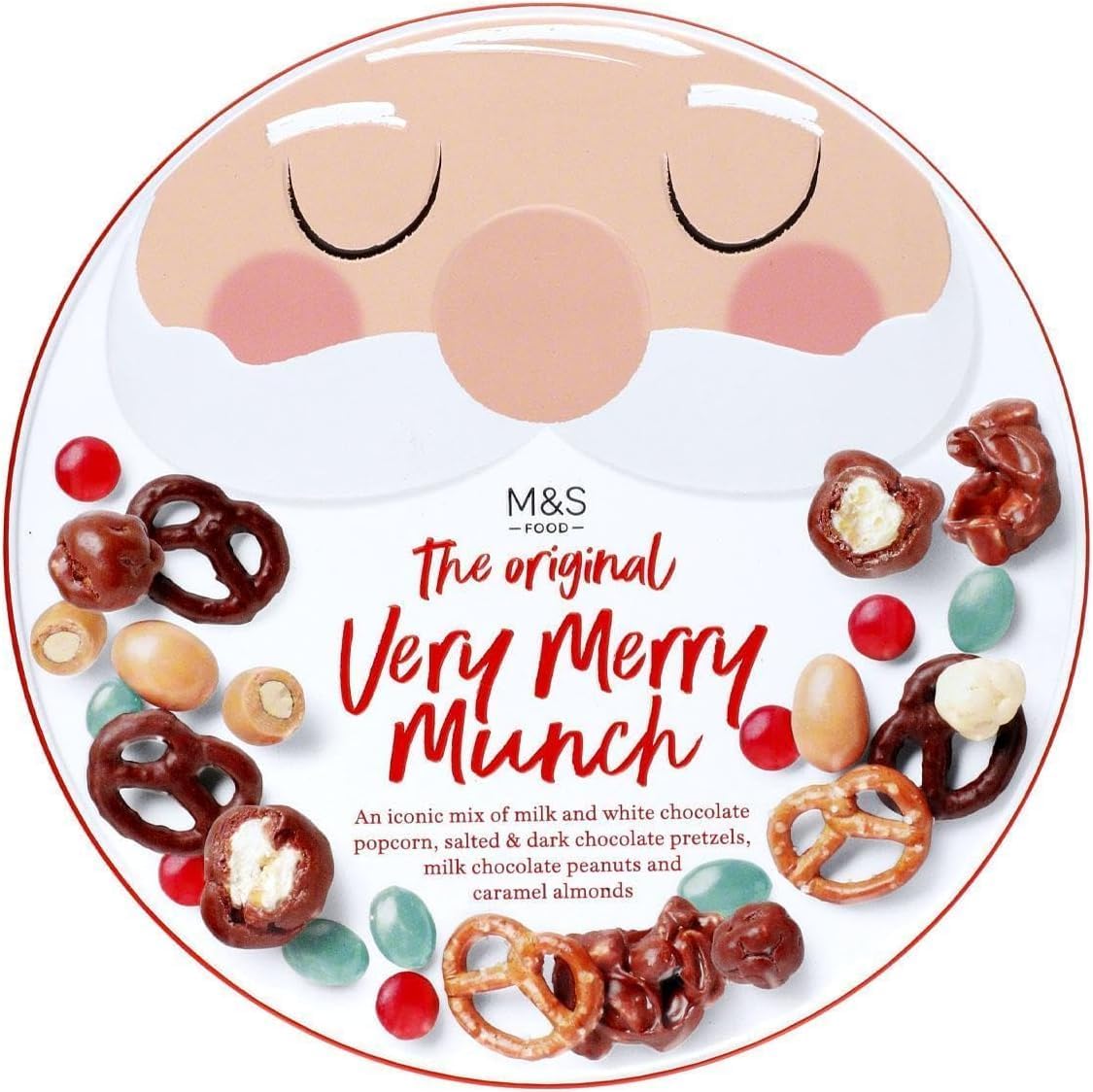 M&S The Original Very Merry/Moreish Munch Chocolate, Fudge & Pretzel, Nut & Popcorn Mix, Sweet & Salty, 460g Tin, Random Design