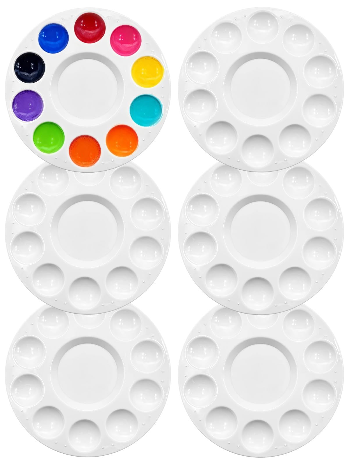 Paletas de pintura blanca reutilizables, paquete de 6 bandejas de 11 pozos, redondas de 6.7 pulgadas, para acuarela, acrílico y pinturas al óleo, plástico