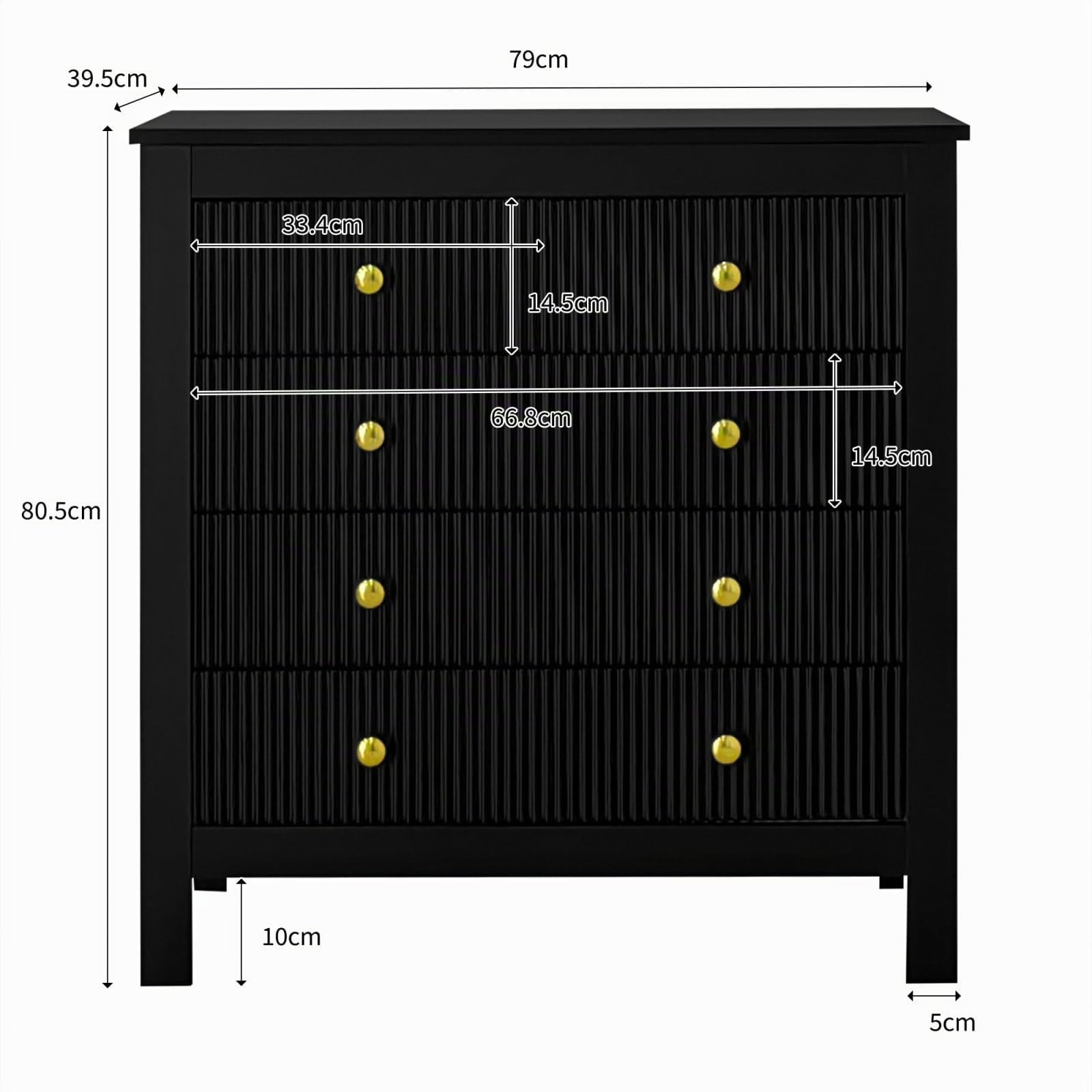 KOMHTOM Commode de Salon de Chambre Noire avec 5 tiroirs Meuble tiroir Rangement avec poignées dorées Meubles de Salon, de Cuisine et de Chambre à Coucher (Noir)