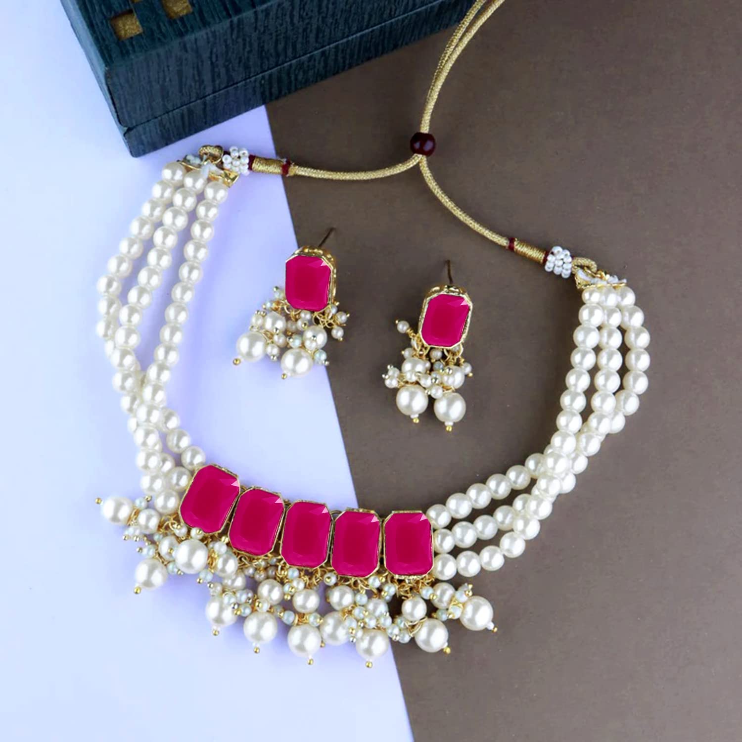 18K Plated Layered Pearl Choker Necklace Set with Earrings