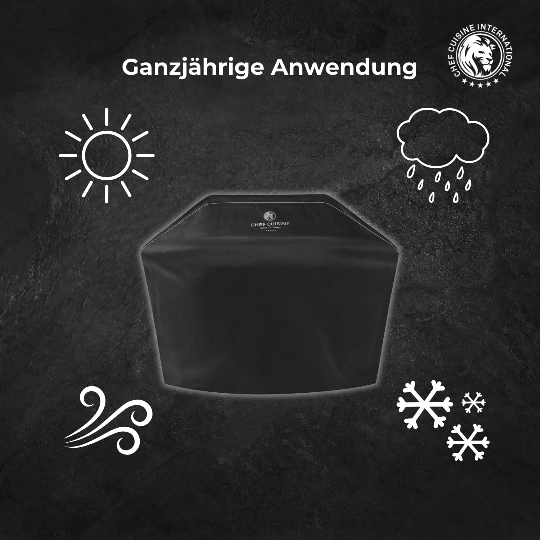 Chef Cuisine BBQ Grill-Abdeckung XL – Gasgrill Abdeckung wetterfest, Grill Abdeckhaube aus Oxford-Gewebe, wasserfeste und UV-beständige Grillabdeckung mit Einstellbarer Weite, 145x116x56 cm, schwarz
