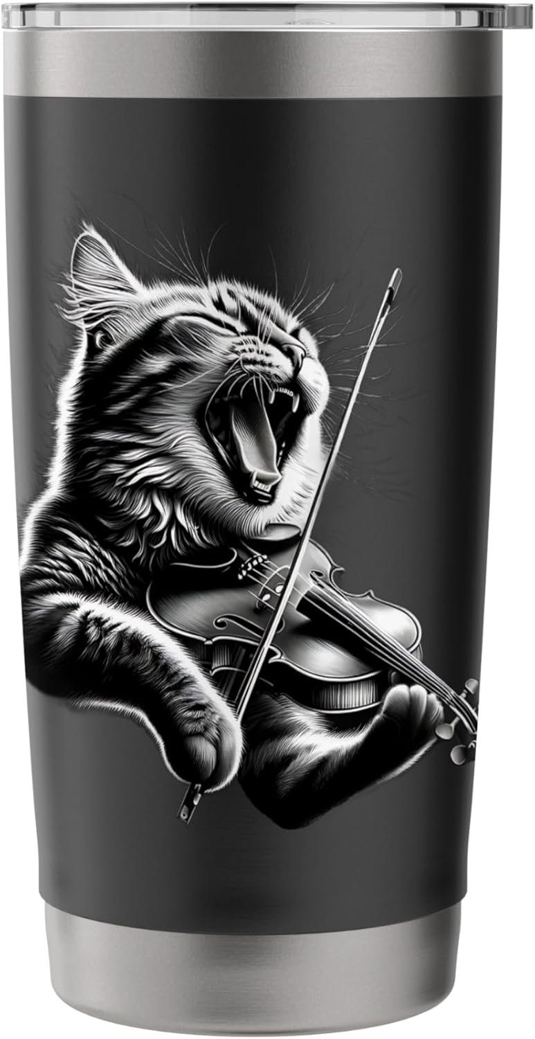 Funny Orchestra Musician Violinist Rock Cat Playing Violin Stainless Steel Insulated Tumbler - Image 3