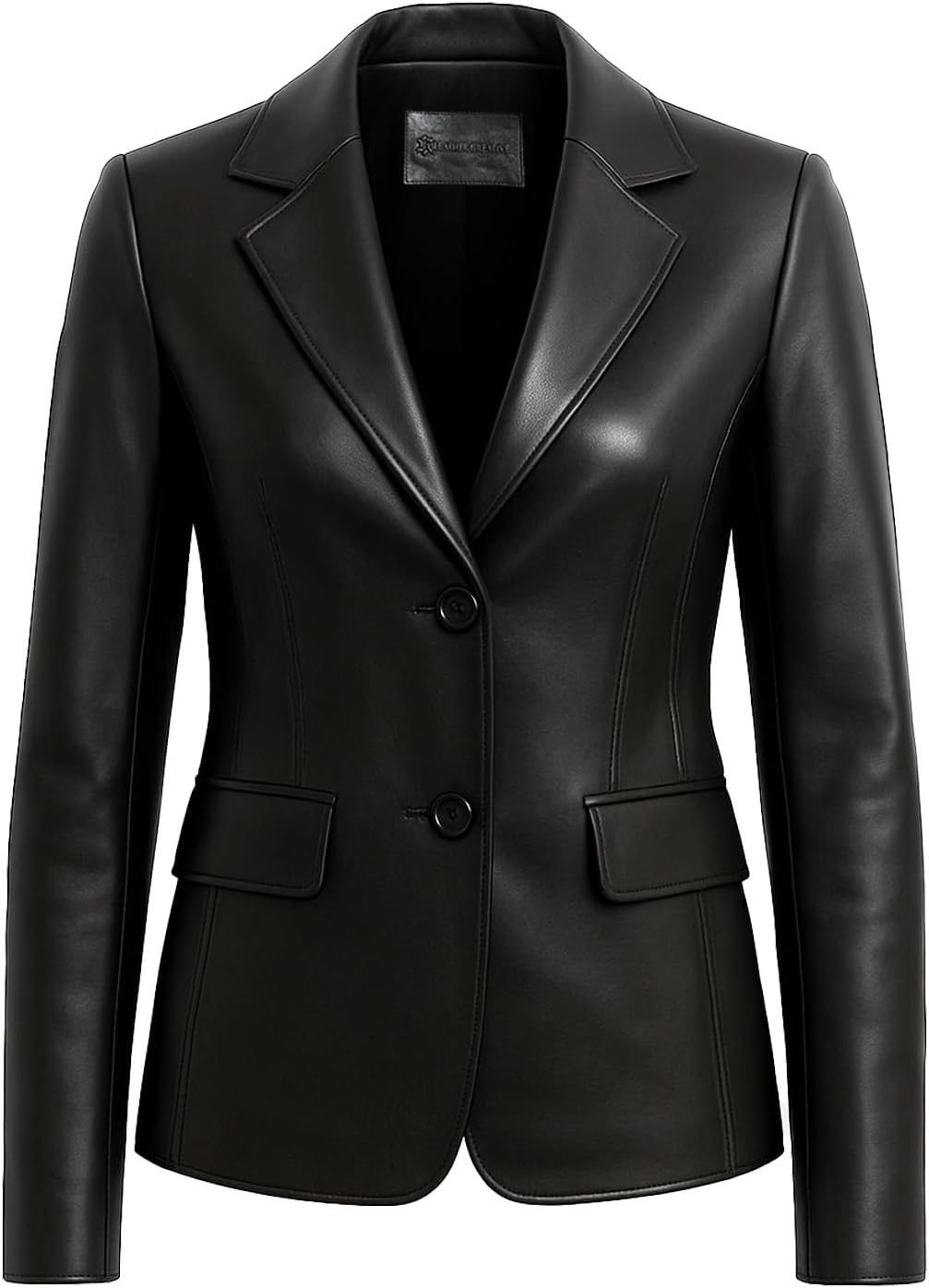 Lambskin Leather Blazer Women – Premium Women Leather Jacket with Notched Lapel, Long Sleeves, Flap Pockets