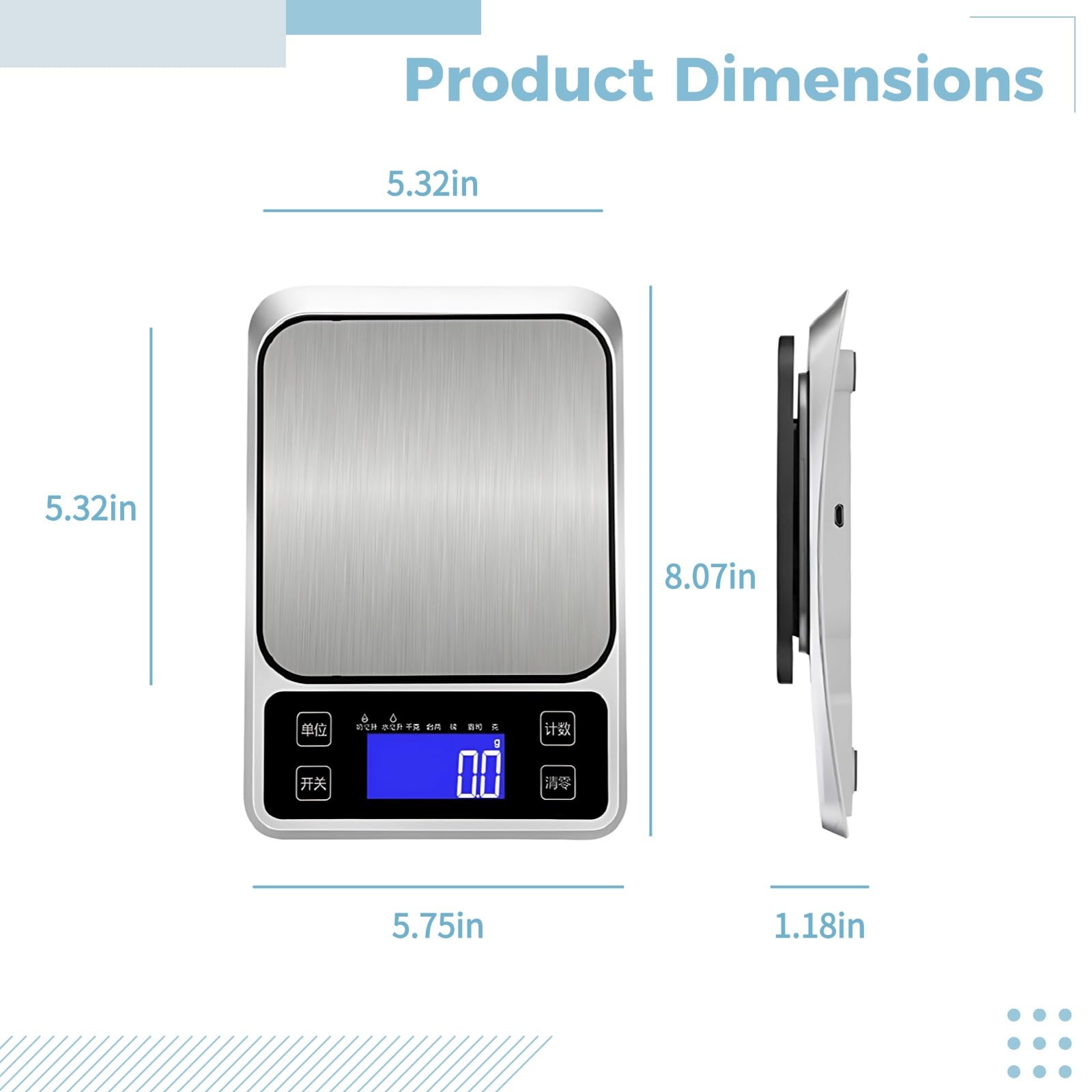Küchenwaage aus Edelstahl, wiederaufladbar, 2,2 lbs 4,4 lbs 11 lbs 22 lbs, digitale Lebensmittelwaage für die Küche, präzise, mit 13,5 cm Plattform