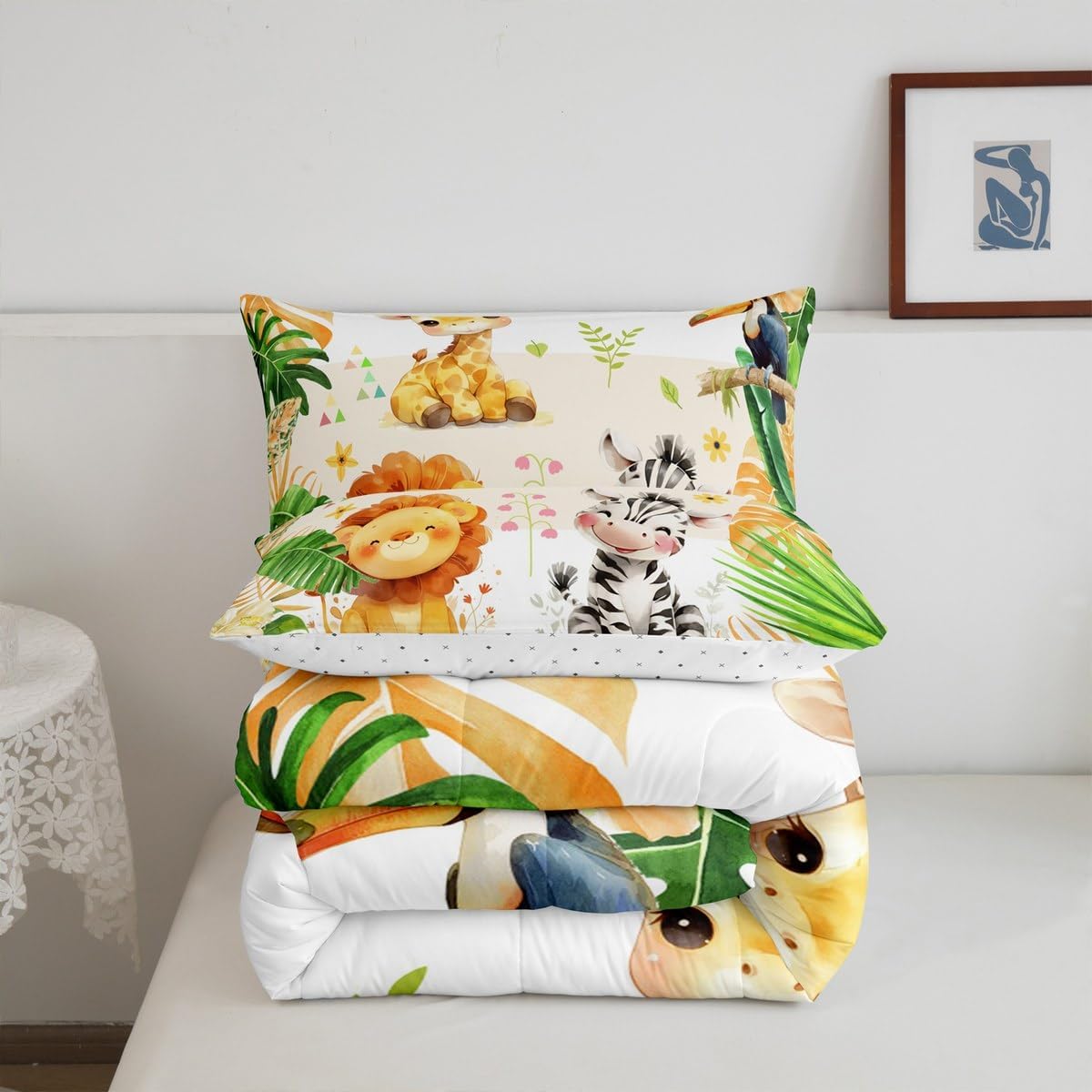 jejeloiu Kids Zoo Animal Bedding Set Full Size Cute Animal Comforter Set for Boys Girls Teens Lion Giraffe Elephant Duvet Set Tropical Leaves Quilt Set 3Pcs