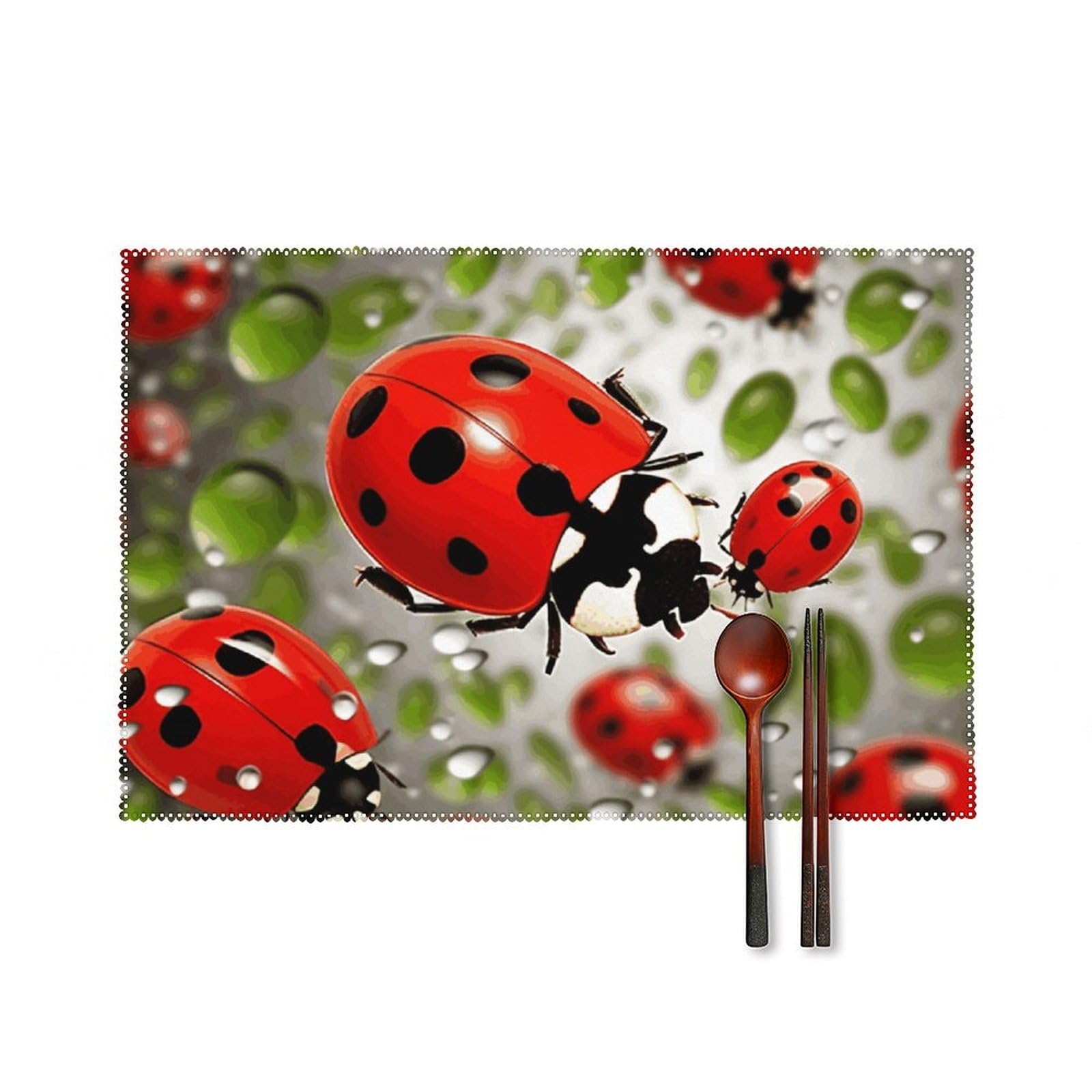 Ladybug Placemats Set of 6, 12x18 Inch Heat Resistant Washable Canvas Table Mats, Stain Resistant Decorative Dining Placemats for Kitchen, Restaurant, Outdoor Party