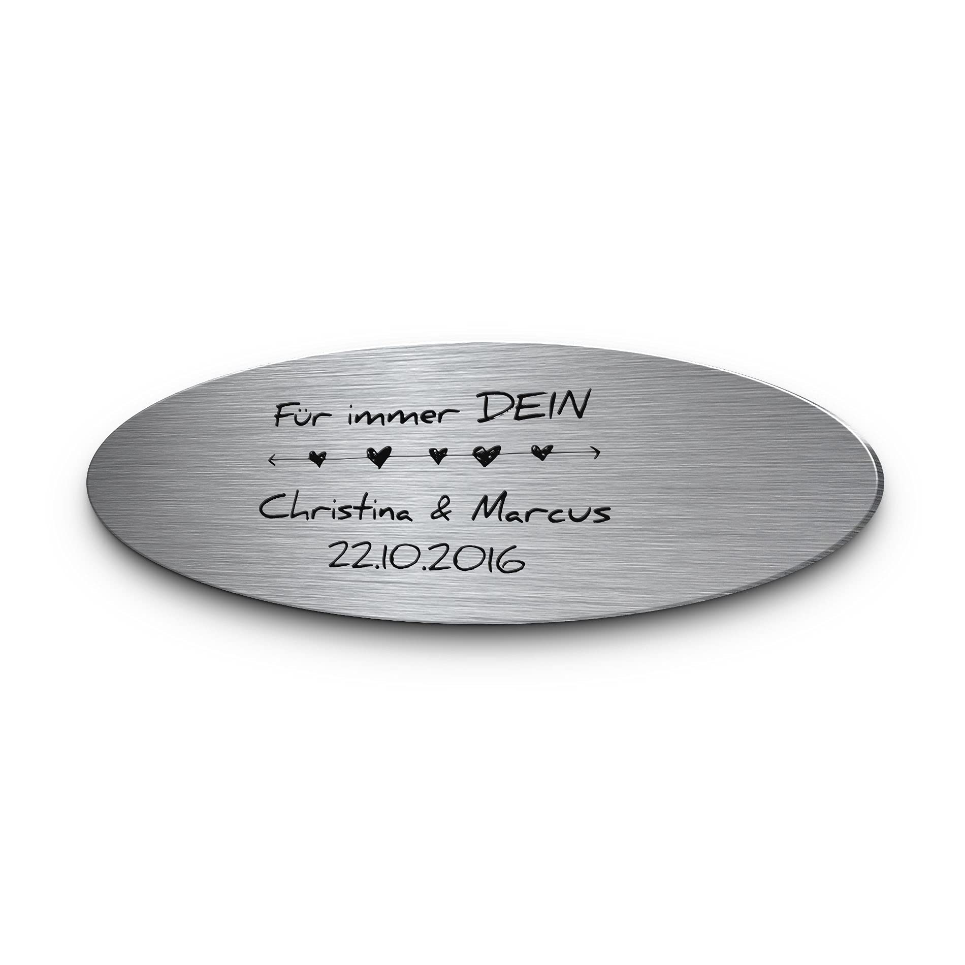 Hochzeitsschild aus Edelstahl oval mit Namen oder Spruch & Herzchen | Wetterfest & viele Motive zB für Hochzeitsbank | Goldene Hochzeit Geschenke zur Silberhochzeit Hochzeitsdeko