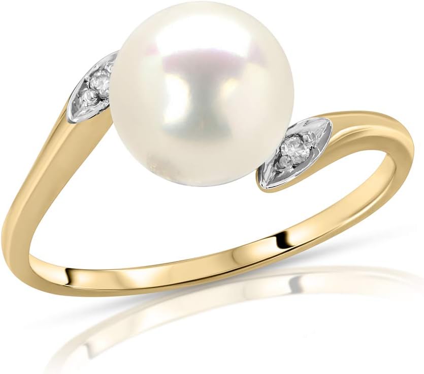 14K White Gold Black or White Akoya Cultured Pearl Ring with .02ct Diamonds