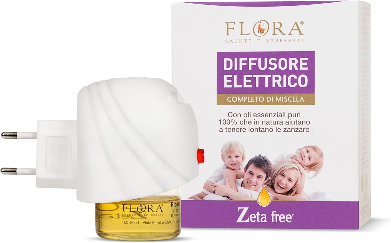 FLORA Diffusore Elettrico Zeta Free + Ricarica 25 ml – Miscela di Oli Essenziali Naturali (Citronella, Geranio, Lavanda, Neem), Profumo Fresco per Interni Poco Gradito agli Insetti, Fino a 30 Not