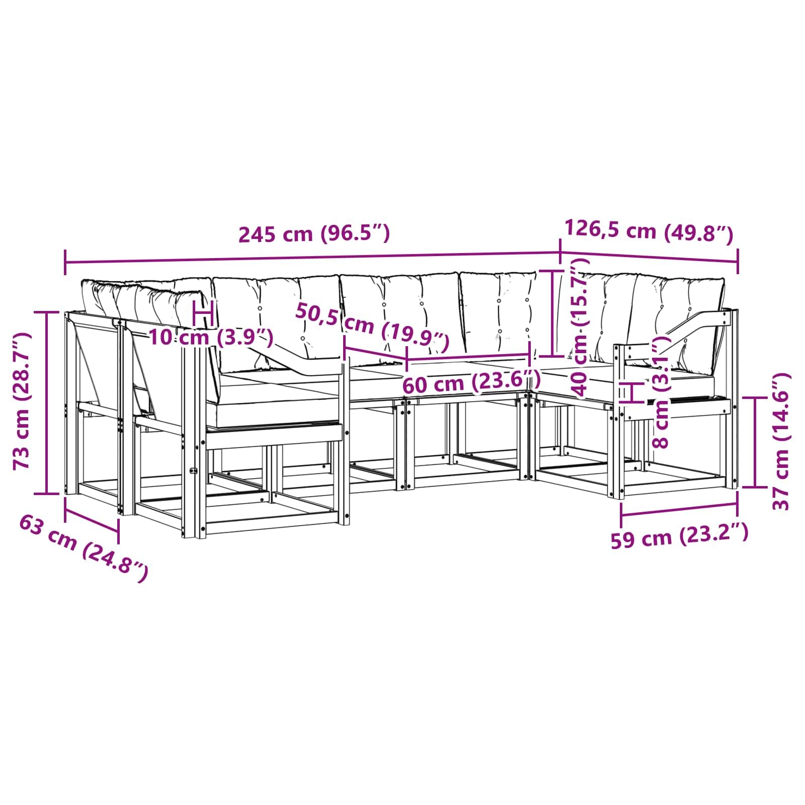 Juego de 6 sofás de exterior natural y beige de madera maciza de acacia con textileno para jardín, terraza y zona de piscina con cómodos cojines y fundas extraíbles
