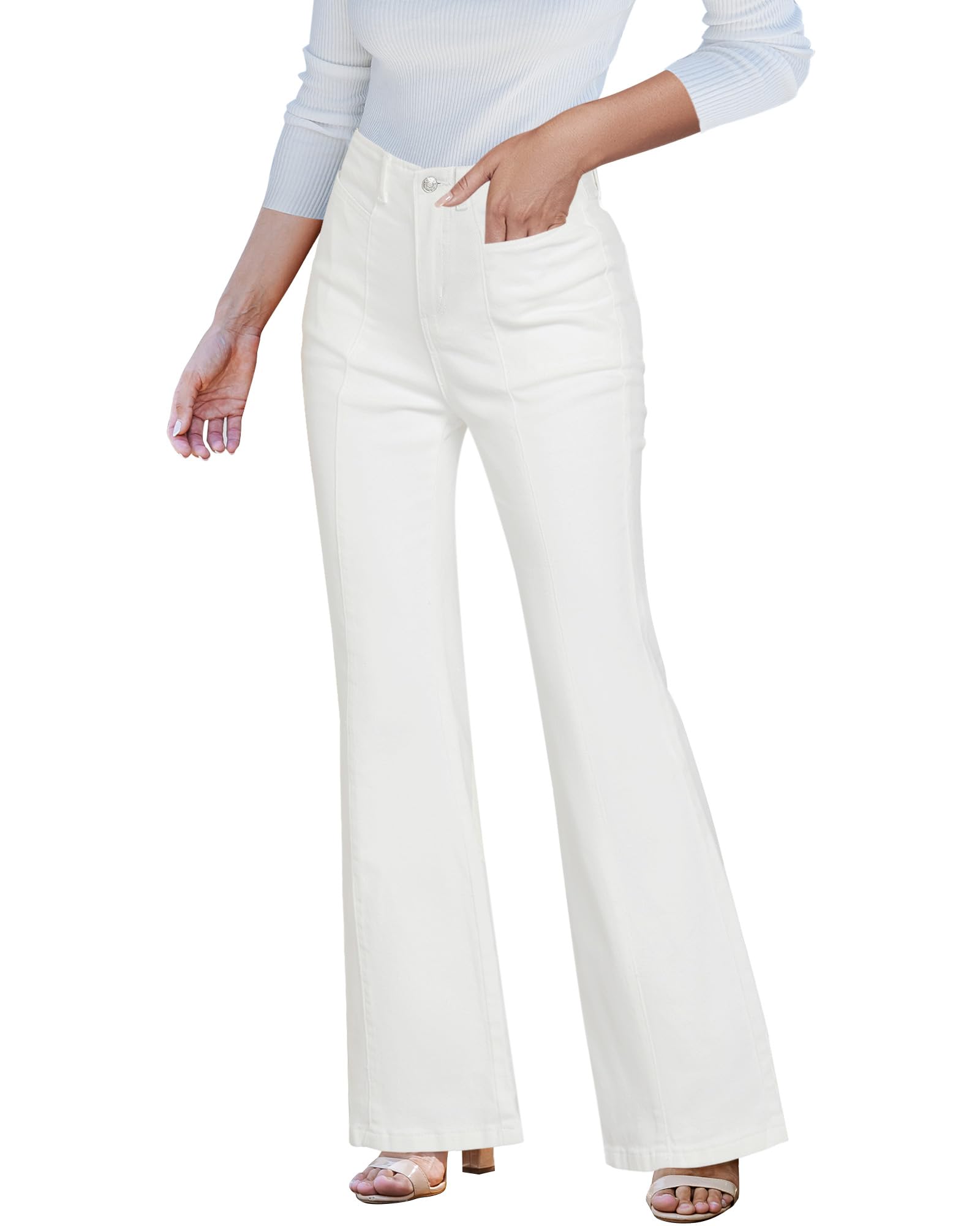 Seamed Front Wide Leg Jeans Elastic Waist Stretch Denim Flare Jeans