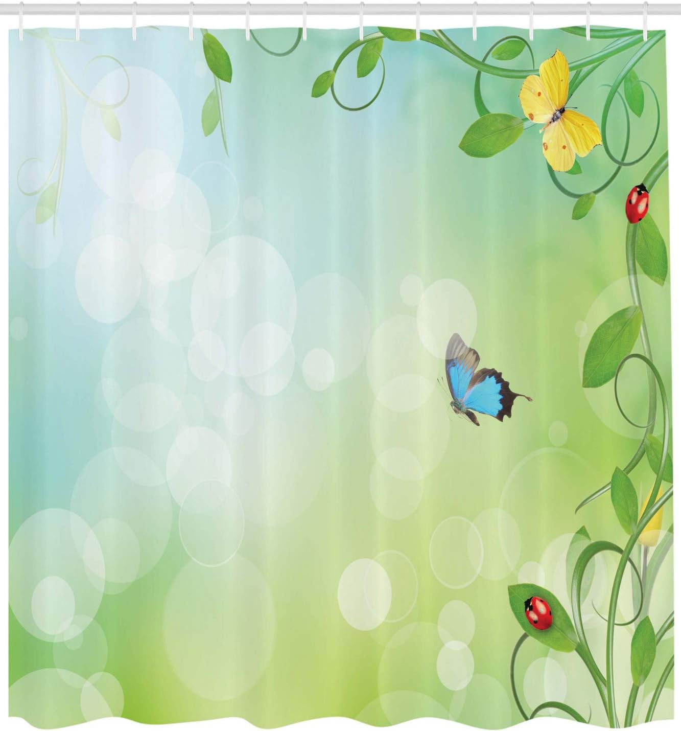 Ambesonne Ladybugs Shower Curtain, Spring Theme Flowers Bug and Butterflies Transformation Morph Print, Cloth Fabric Bathroom Decor Set with Hooks, 69" W x 70" L, Pale Green