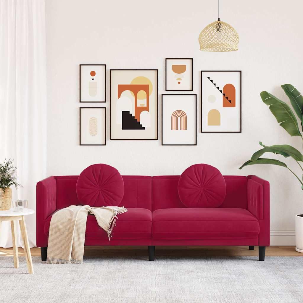 Canapé 3 places en velours rouge vin avec 2 coussins, canapé rembourré pour salon, canapé, 193,5 x 77 x 70 cm, canapé confortable pour la détente, la chambre familiale et le bureau