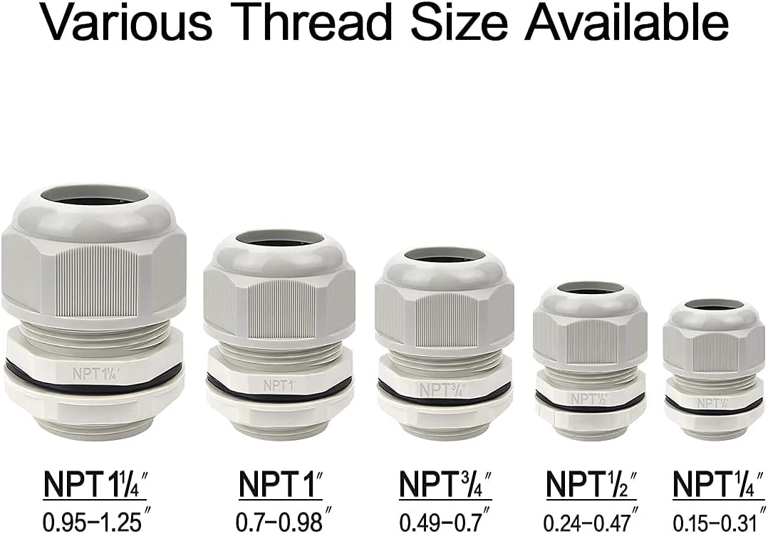 LeMotech 20 Pack NPT 3/4" Cable Glands Waterproof Adjustable 12.5-18mm Cable Connectors Grey Nylon Joints with Gaskets